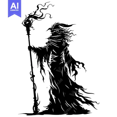 Aset premium populer: Silhouette of a Dark Figure Holding a Staff with a Twisted, Vine-Like
