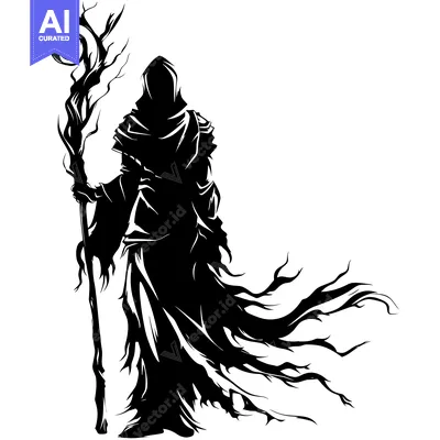 Aset desain premium: Silhouette of a robed figure with a gnarled staff