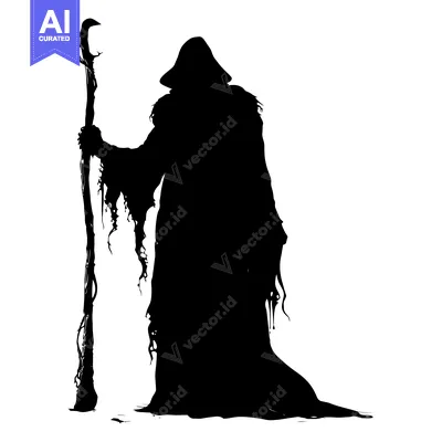 Aset premium populer: Silhouette of a cloaked figure holding a staff