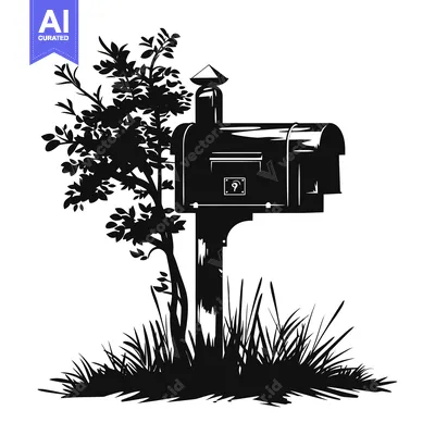 Aset desain premium: Silhouette of a Mailbox with a Bush and Grass