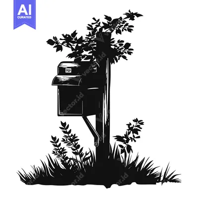 A Black and White Silhouette of a Mailbox with Surrounding Vegetation