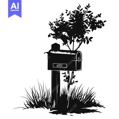 Aset premium populer: Black and White Silhouette of a Mailbox with a Bush and Grass