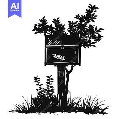 Aset desain premium: Silhouette of a Mailbox in a Garden Setting