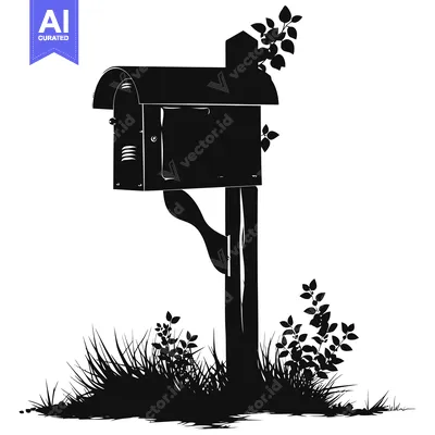 Aset desain premium: Black and White Silhouette of a Mailbox with Surrounding Grass and Pla