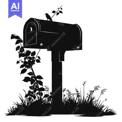Aset premium populer: Black and White Silhouette of a Mailbox with a Bird and Surrounding Ve