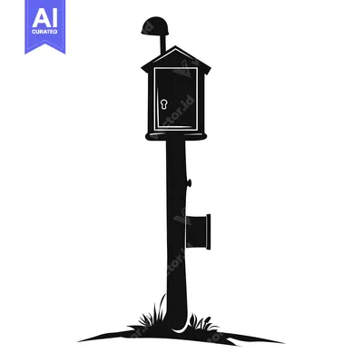 Aset desain premium: Black and White Silhouette of a Wooden Mailbox on a Pole