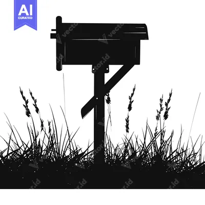 Aset desain premium: Silhouette of a Mailbox Standing in Tall Grass