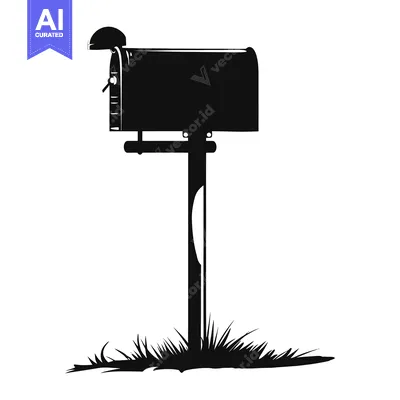 Aset desain premium: Black and White Silhouette of a Mailbox with a Grassy Base