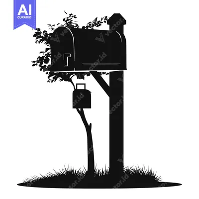 Premium design asset: Silhouette of a Mailbox with a Post and Surrounding Greenery