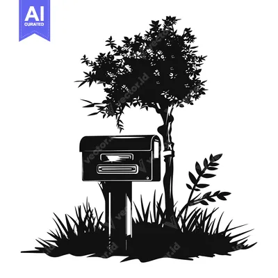 Aset desain premium: Black and White Silhouette of a Mailbox Under a Tree