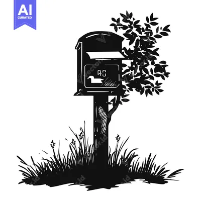 Aset premium populer: Black and White Illustration of a Mailbox Surrounded by Grass and a Tr