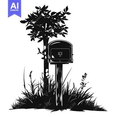 Premium design asset: Black and White Silhouette of a Mailbox with a Tree and Grass
