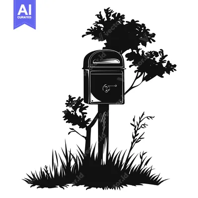 Premium design asset: Black and White Silhouette of a Mailbox in Grass with a Tree