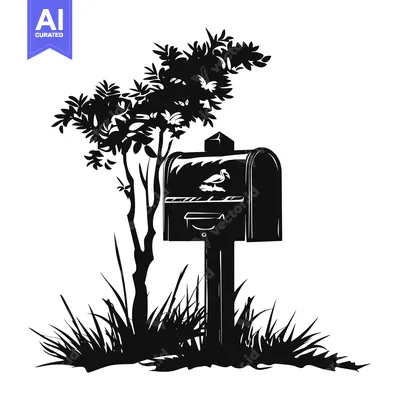 Aset premium populer: Black and White Silhouette of a Mailbox with a Bird, Surrounded by Gra