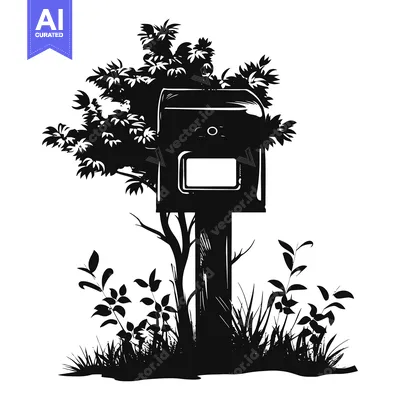 Aset desain premium: Black and White Silhouette of a Mailbox Surrounded by Foliage
