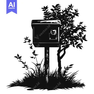 A Black and White Silhouette of a Mailbox Surrounded by Plants
