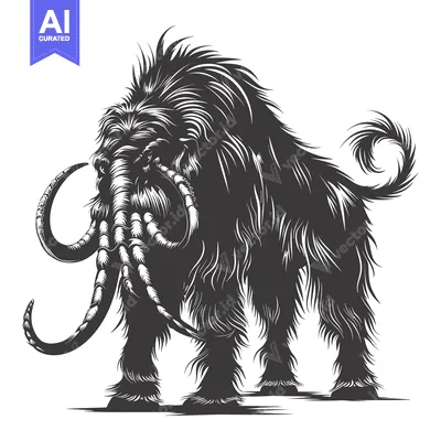 Aset desain premium: A Black and White Illustration of a Woolly Mammoth with Curved Tusks