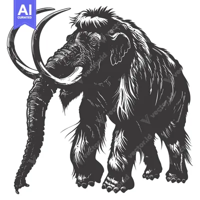 Aset desain premium: A Detailed Illustration of a Woolly Mammoth with Curved Tusks