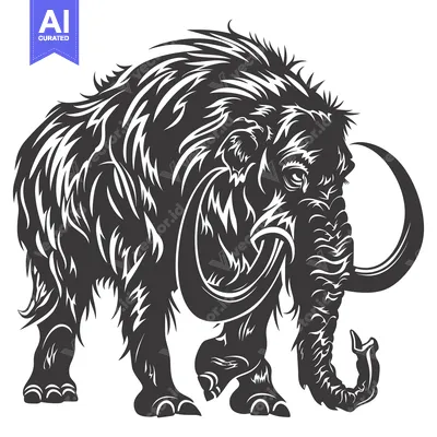 Aset desain premium: Black and White Illustration of a Woolly Mammoth with Curved Tusk
