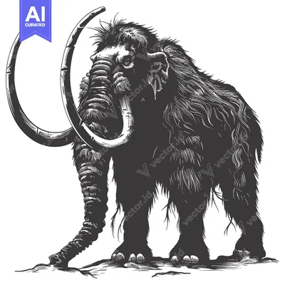 Premium design asset: A Detailed Line Drawing of a Woolly Mammoth with Curved Tusks