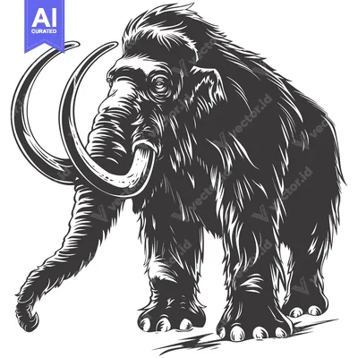 Aset desain premium: A Detailed Illustration of a Woolly Mammoth with Curved Tusks