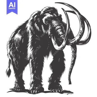 A Woolly Mammoth with Large Curved Tusks in a Black and White Illustra