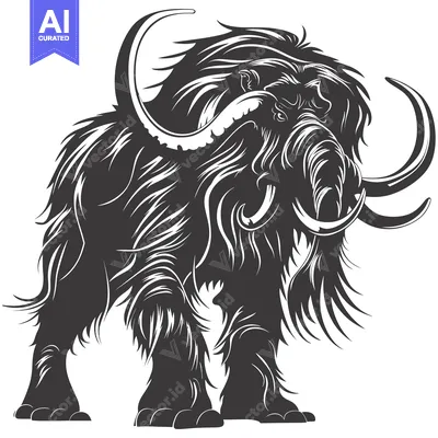Aset desain premium: A Silhouette of a Woolly Mammoth with Curved Tusks