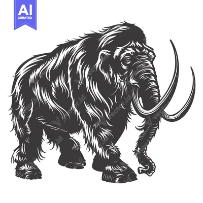 A detailed black and white illustration of a woolly mammoth