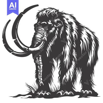 Aset premium populer: A Black and White Illustration of a Woolly Mammoth with Curved Tusks