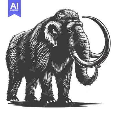 Aset premium populer: Black and White Illustration of a Woolly Mammoth with Large Tusks