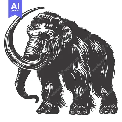 Aset premium populer: A Woolly Mammoth with a Curved Tusk Standing on a White Background