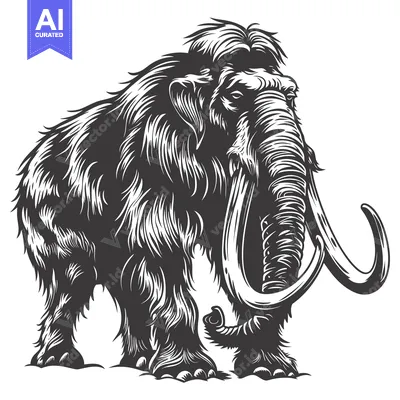 Aset desain premium: A detailed black and white illustration of a woolly mammoth standing o