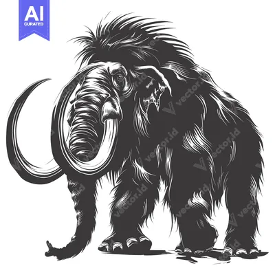 Premium design asset: Black and White Illustration of a Woolly Mammoth with Large Tusks