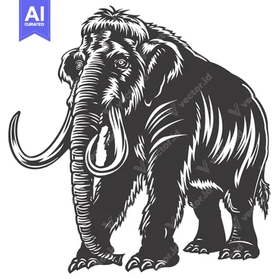 Aset desain premium: Black and White Illustration of a Woolly Mammoth