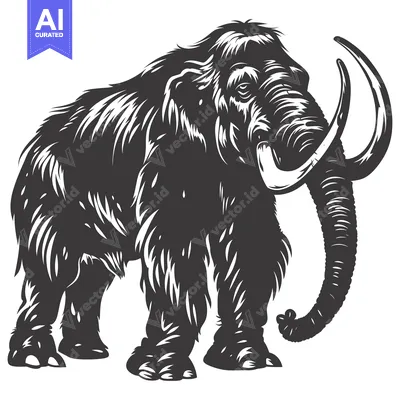 Aset premium populer: A detailed illustration of a woolly mammoth in a black and white desig