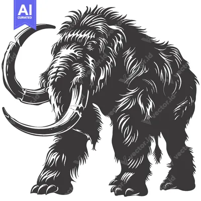Aset desain premium: A Detailed Black and White Illustration of a Woolly Mammoth