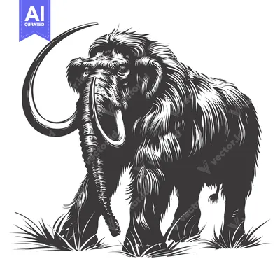 Aset desain premium: A Woolly Mammoth with Large Tusks Standing in Grass