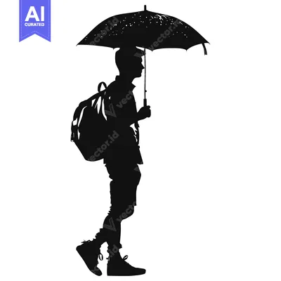 Aset desain premium: Silhouette of a Person Holding an Umbrella and Wearing a Backpack