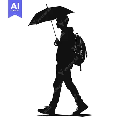 Aset desain premium: Silhouette of a person walking with an umbrella and a backpack