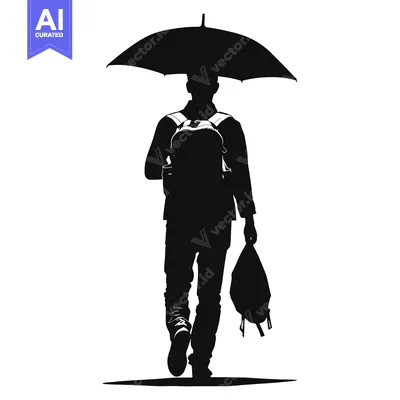 Aset premium populer: Silhouette of a Person Walking with an Umbrella and a Backpack