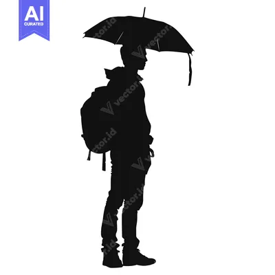 Aset desain premium: Silhouette of a Person with a Backpack and Umbrella