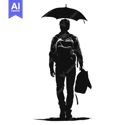 Aset premium populer: Silhouette of a Man Walking with an Umbrella and a Backpack
