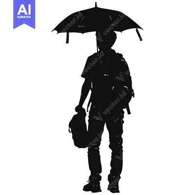 Aset desain premium: Silhouette of a Person Holding an Umbrella and Backpack