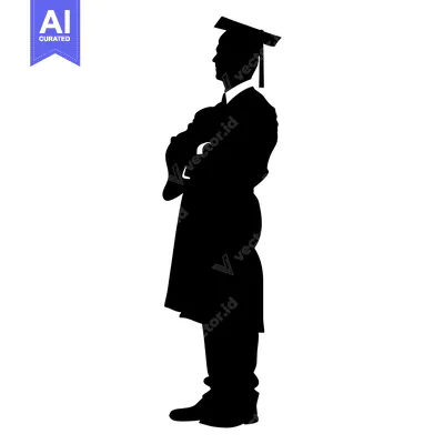 Aset premium populer: Silhouette of a graduate in cap and gown, standing with arms crossed