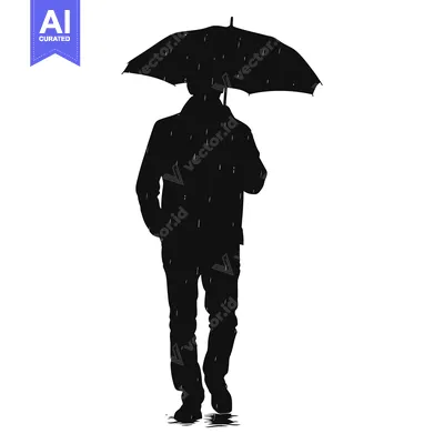 Aset desain premium: Silhouette of a Person Walking in the Rain with an Umbrella