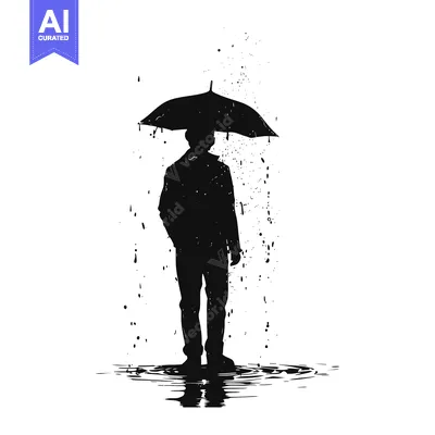 Silhouette of a Person Standing in Rain with an Umbrella