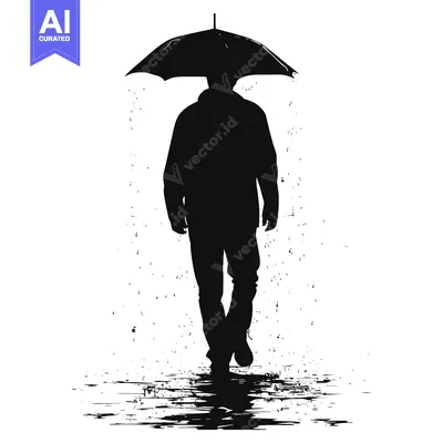 Aset desain premium: Silhouette of a Man Walking in the Rain with an Umbrella