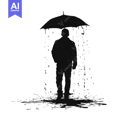 Aset premium populer: Silhouette of a man walking in the rain, holding an umbrella