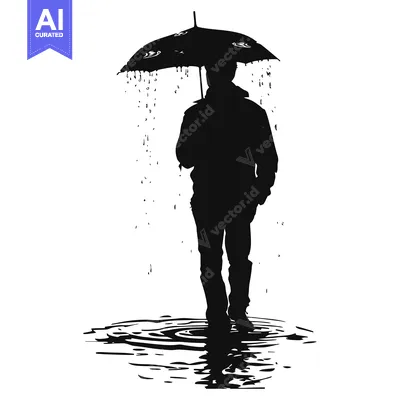 Aset desain premium: Silhouette of a Person Walking Under an Umbrella in the Rain