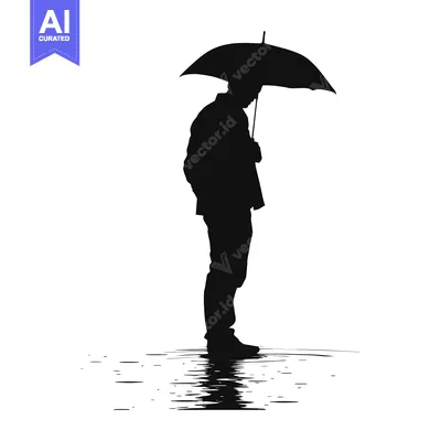 Aset desain premium: Silhouette of a Man Holding an Umbrella Standing in a Puddle of Water